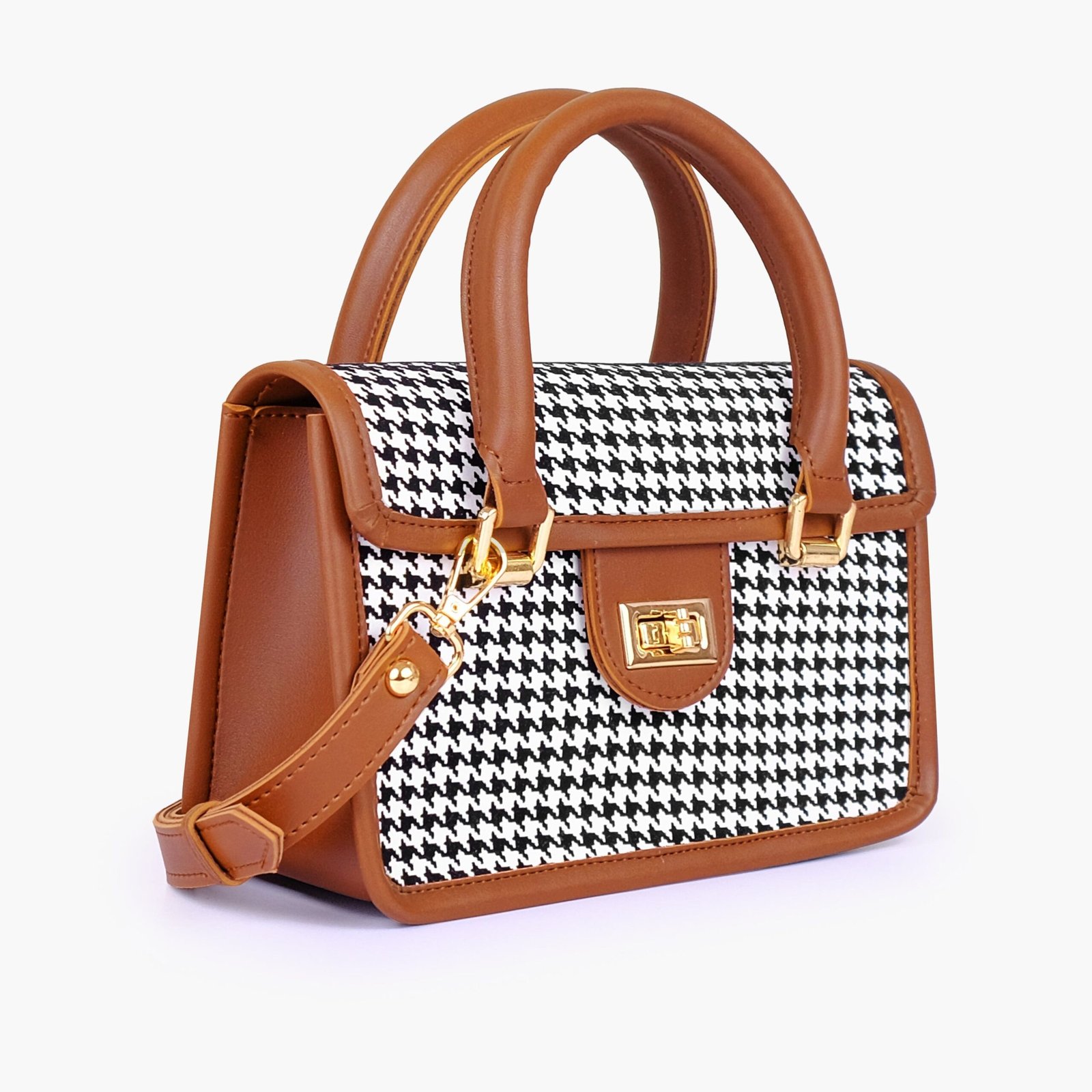 CWF-02-01.jpg Mercura Brown and white houndstooth cross-body with flap - Image 1