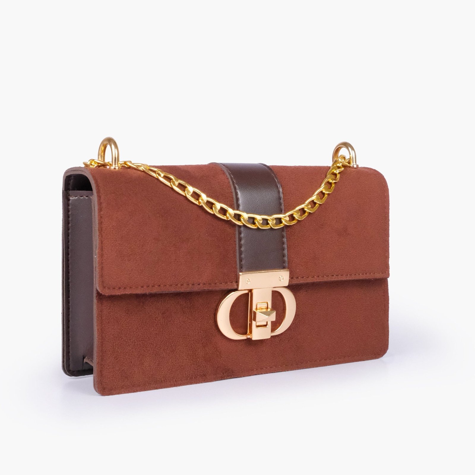 EWH-04-01.jpg Mercura Dark brown suede east-west shoulder bag with half chain - Image 1