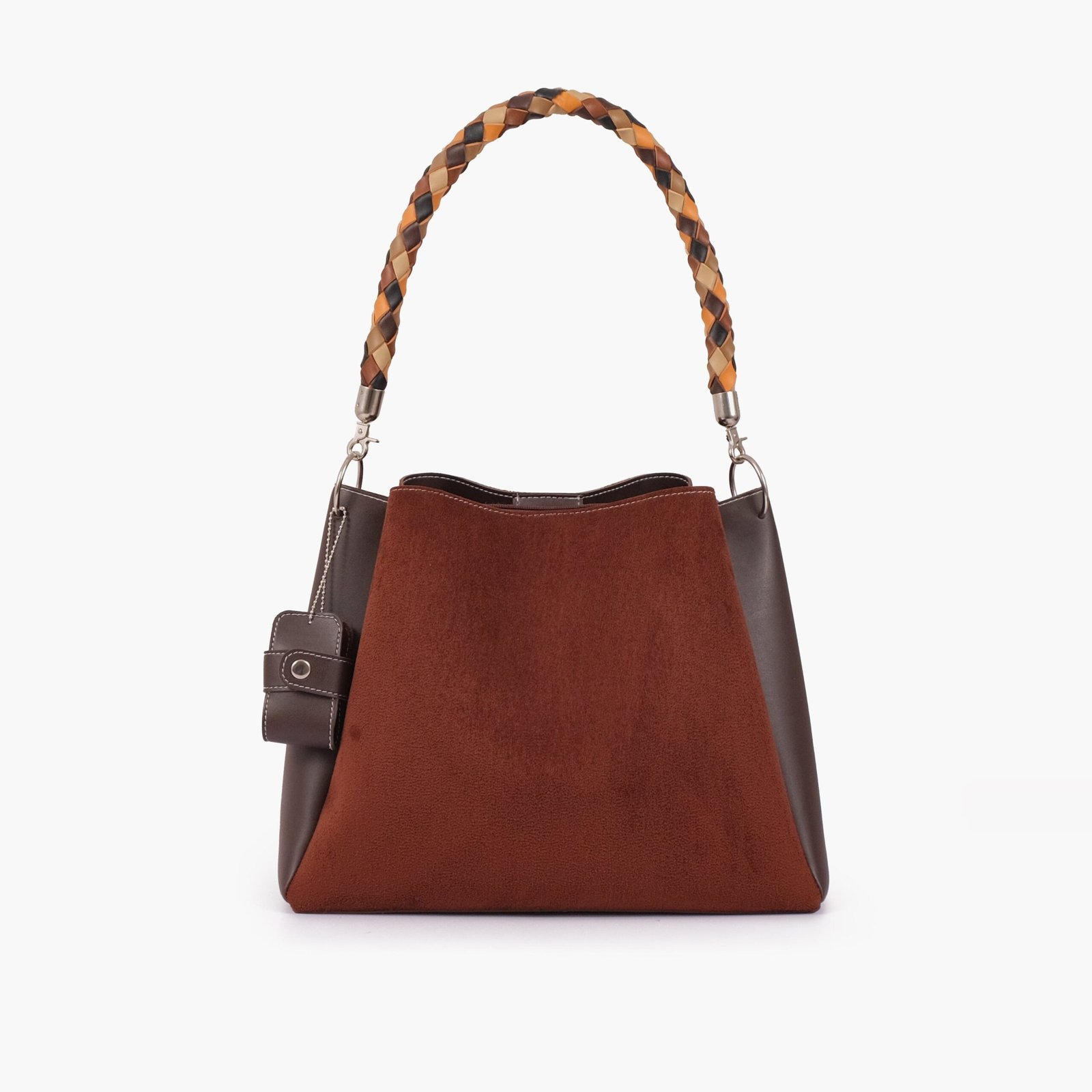 HBH-03-01.jpg Mercura Dark brown suede handbag with braided handle - Image 1